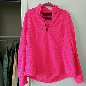 Hot pink fleece shirt, with purple zipper accent